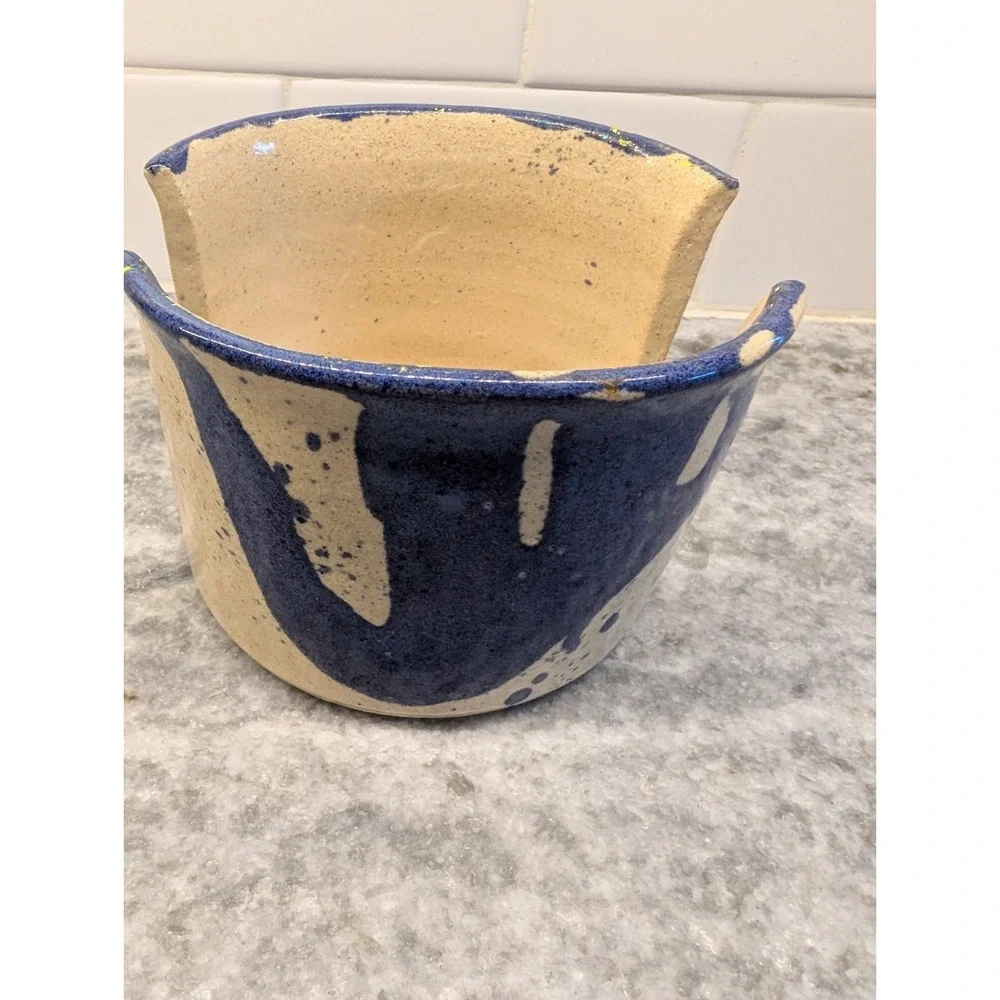 Signed Studio Pottery Blue & Cream Ceramic Sponge / Napkin Holder